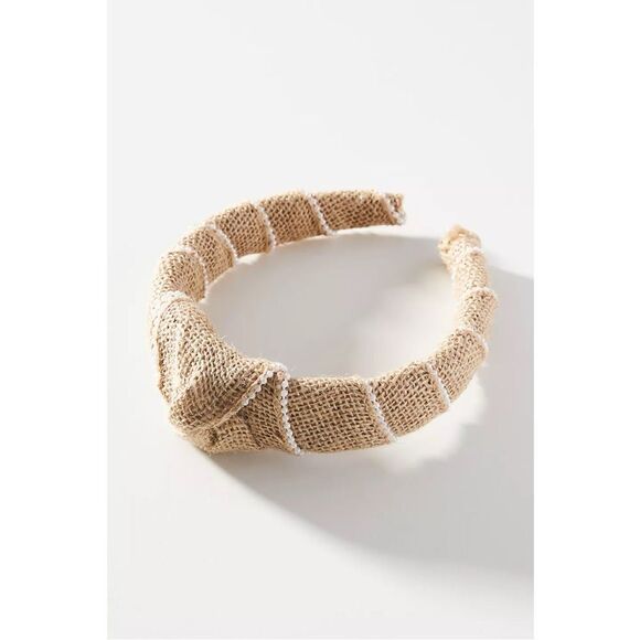 NEW Anthropologie Woven Jute Chic Faux Pearl Embellished Textured Headband - Picture 1 of 1